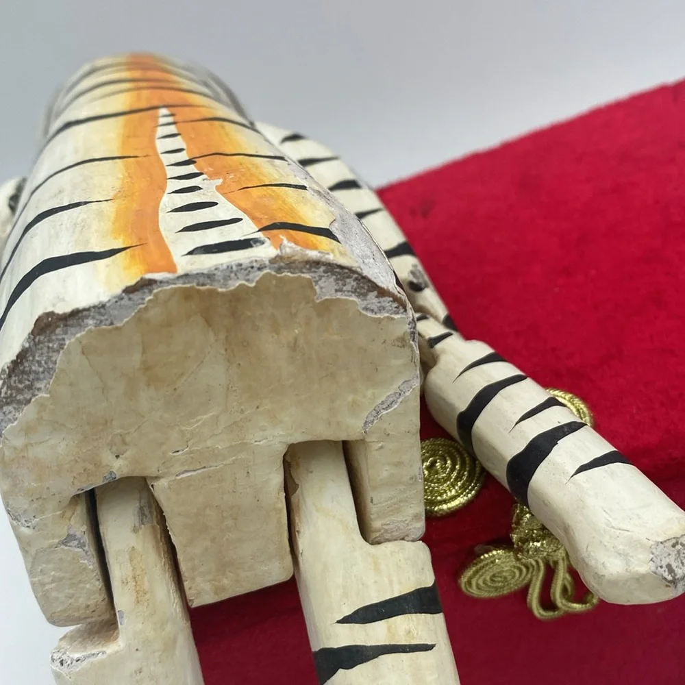Handcrafted Wooden Cat Figurine Orange and Black Stripes shelf sitter 11” READ